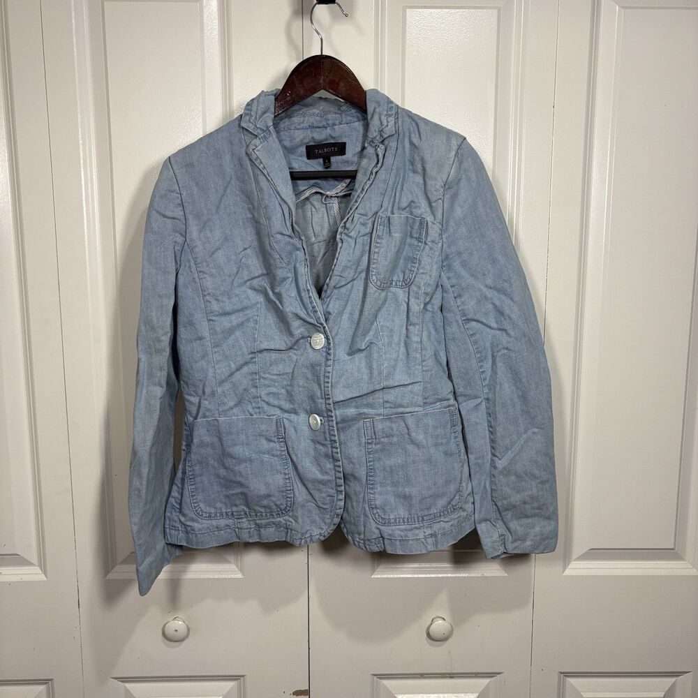 Talbots Chambray Blazer Women 8 Cotton Hemp Lightweight Ruffle Boho Casual